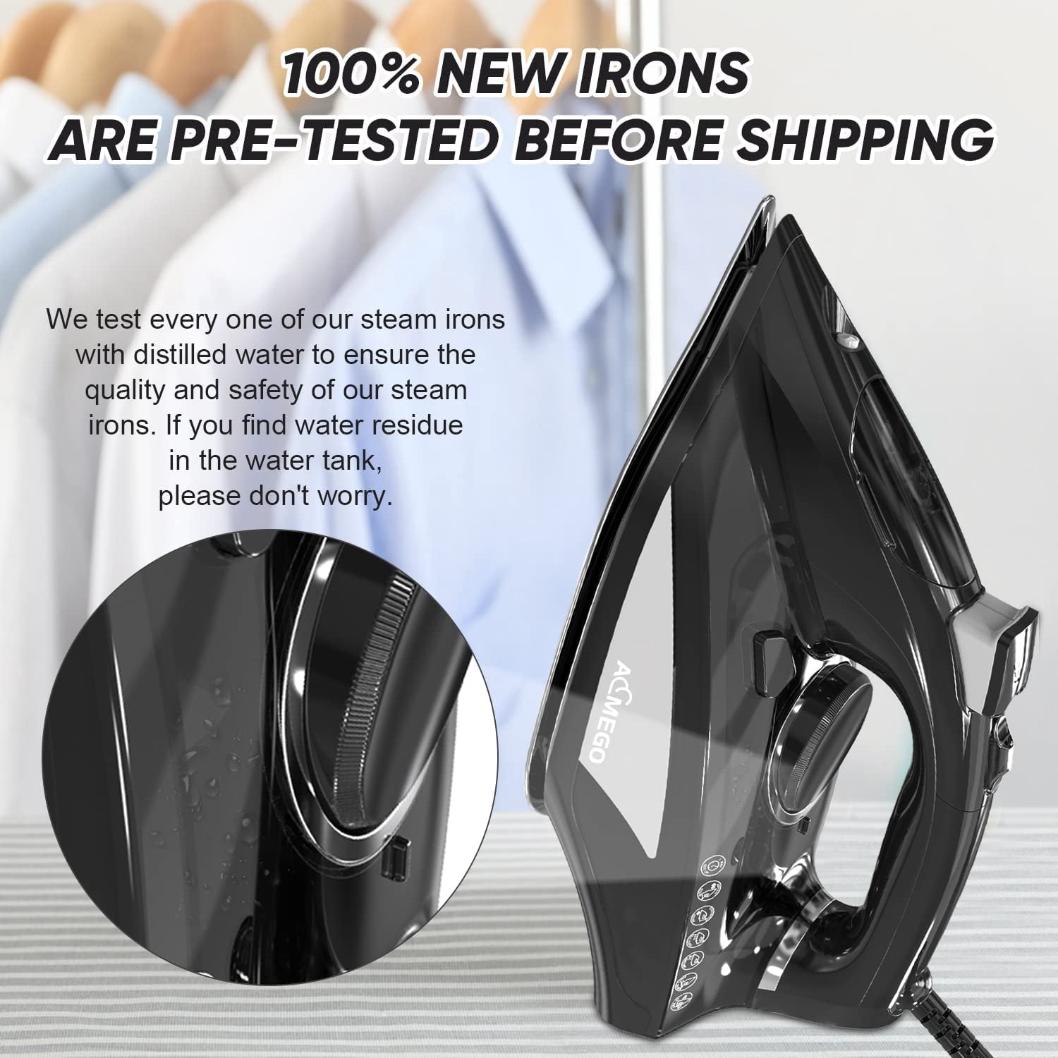 Aemego Steam Iron for Clothes Portable Anti Drip Clothes Iron Steam Black