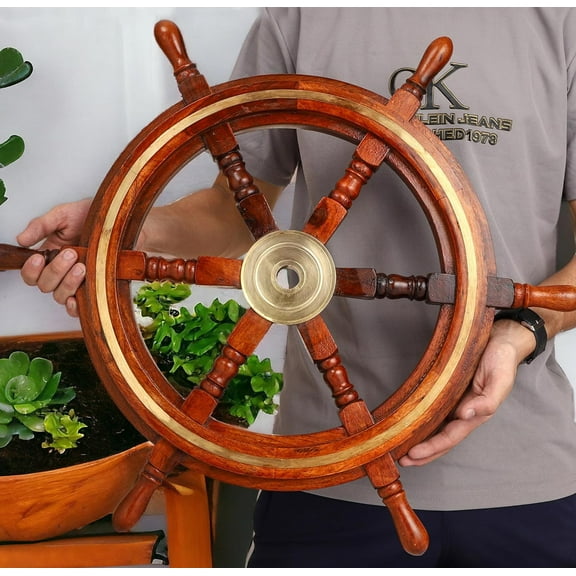 Brainmart Wooden Nautical Premium Handcrafts Ship Wheel – Brass Ring Home Decor with Hub | Wall Decor Hangings | (30 Inches Brass Ring Ship Wheel).