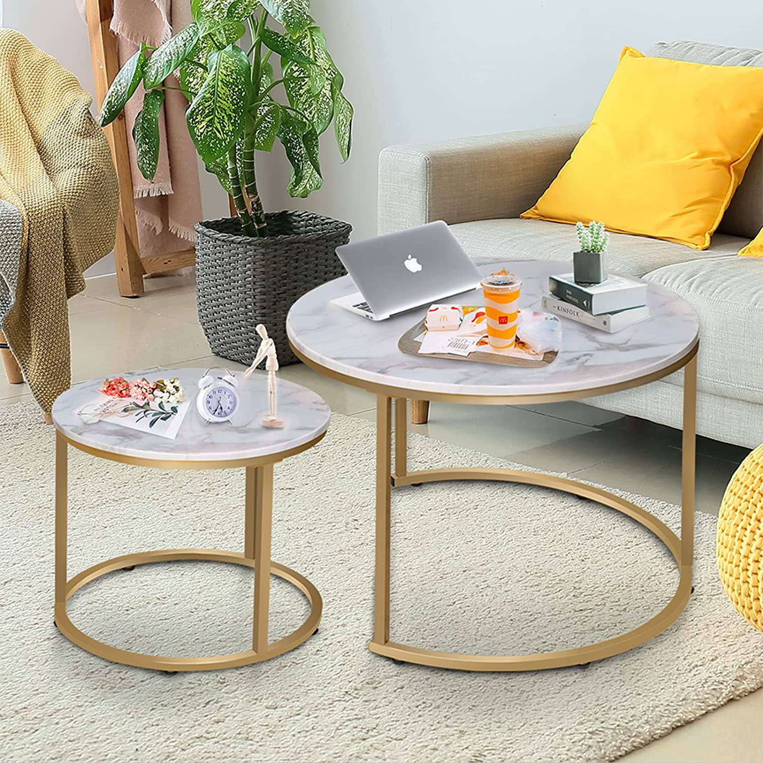 Callalily Round Coffee Table Set of 2 Modern Nesting Golden Frame Circular and Marble Pattern Wooden Stacking Accent Coffee Tables Metal Frame for Apartment Living, White