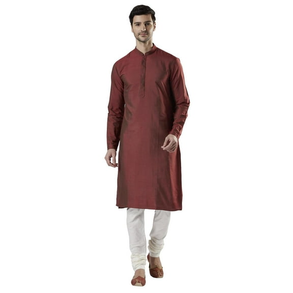 Ethnix Men's Indian Banded Collar Silk Blend Comfortable Kurta Tunic Pajama Set; Goldfish; SM