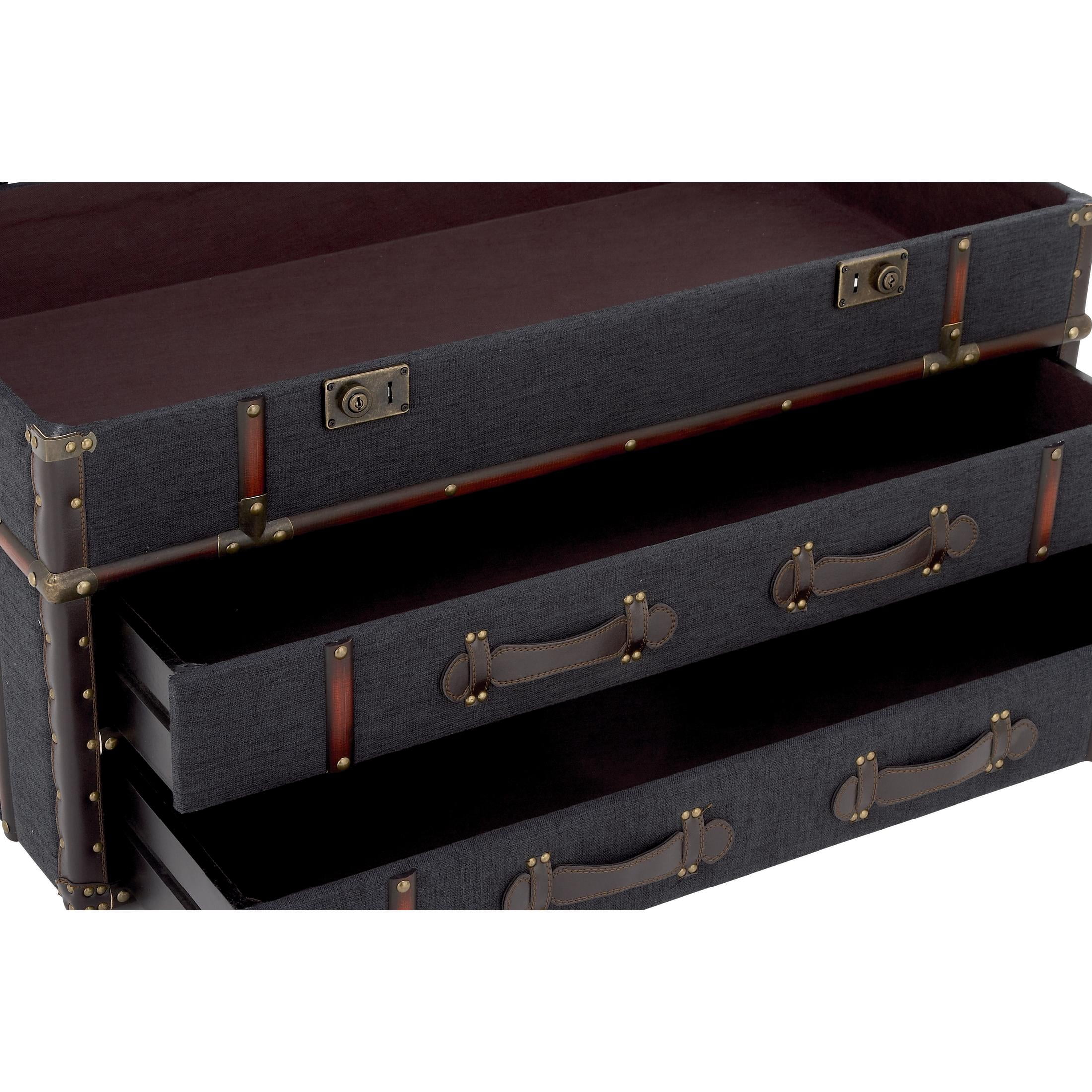 DecMode 40" x 21" Dark Blue Linen Fabric Upholstered Trunk 2 Drawer Coffee Table with Buckle Hinged Top, 1-Piece