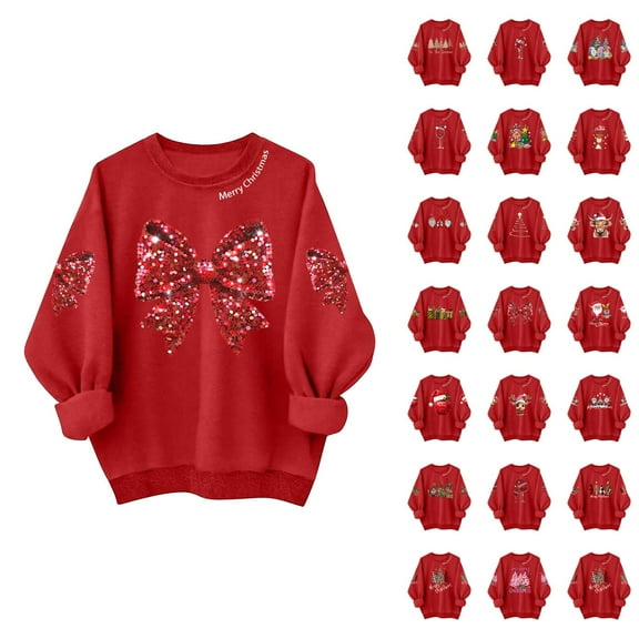Red Christmas Sweatshirts for Women 2025 Long Sleeve Crewneck Merry Christmas Graphic Sweatshirt Holiday Pullover Tops