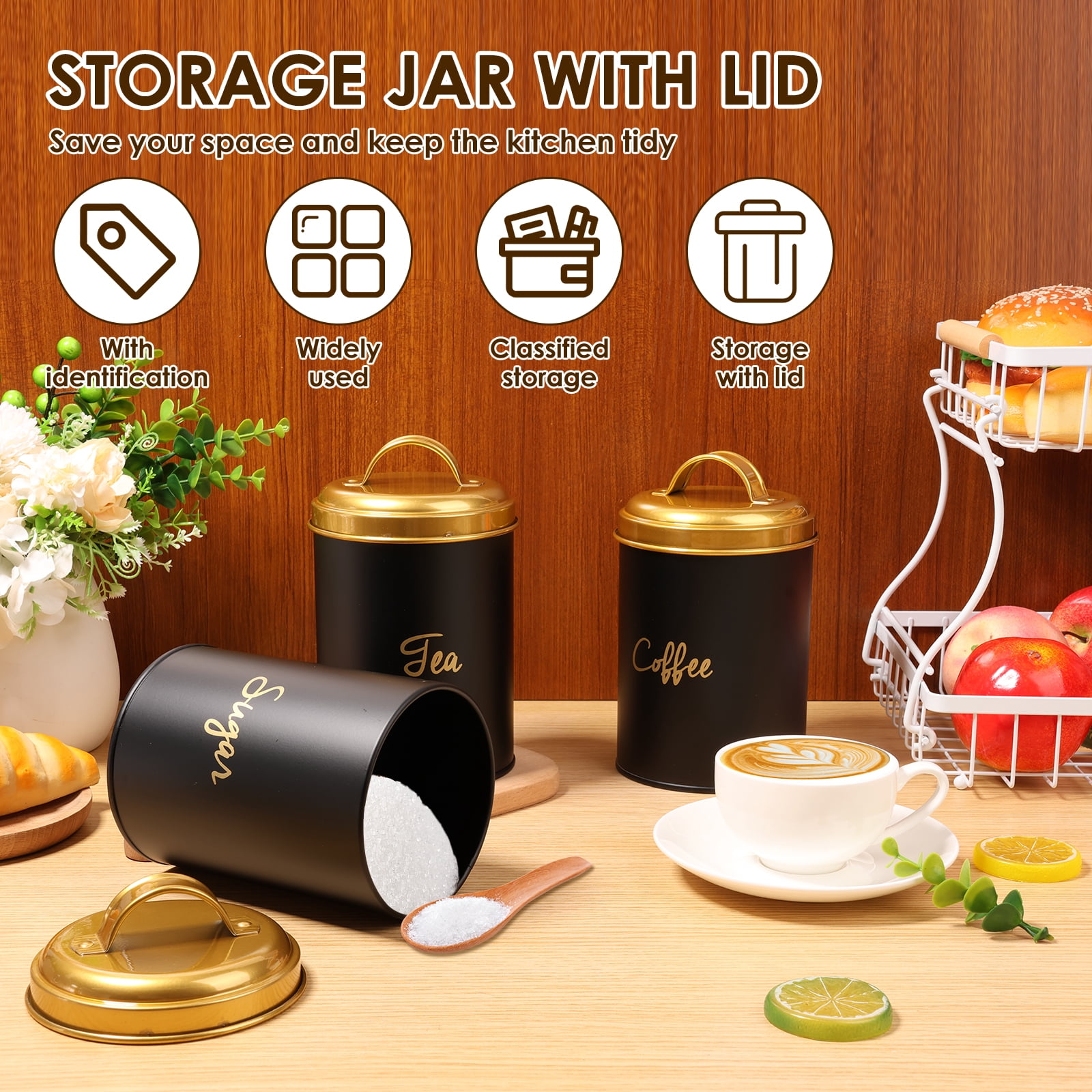 3 Pcs Tea Coffee Sugar Cannister Set Food Storage Containers Set Labelled Storage Tins Containers with Airtight Lids Canisters for Kitchen Accessories & Essentials Rustic Vintage Canisters