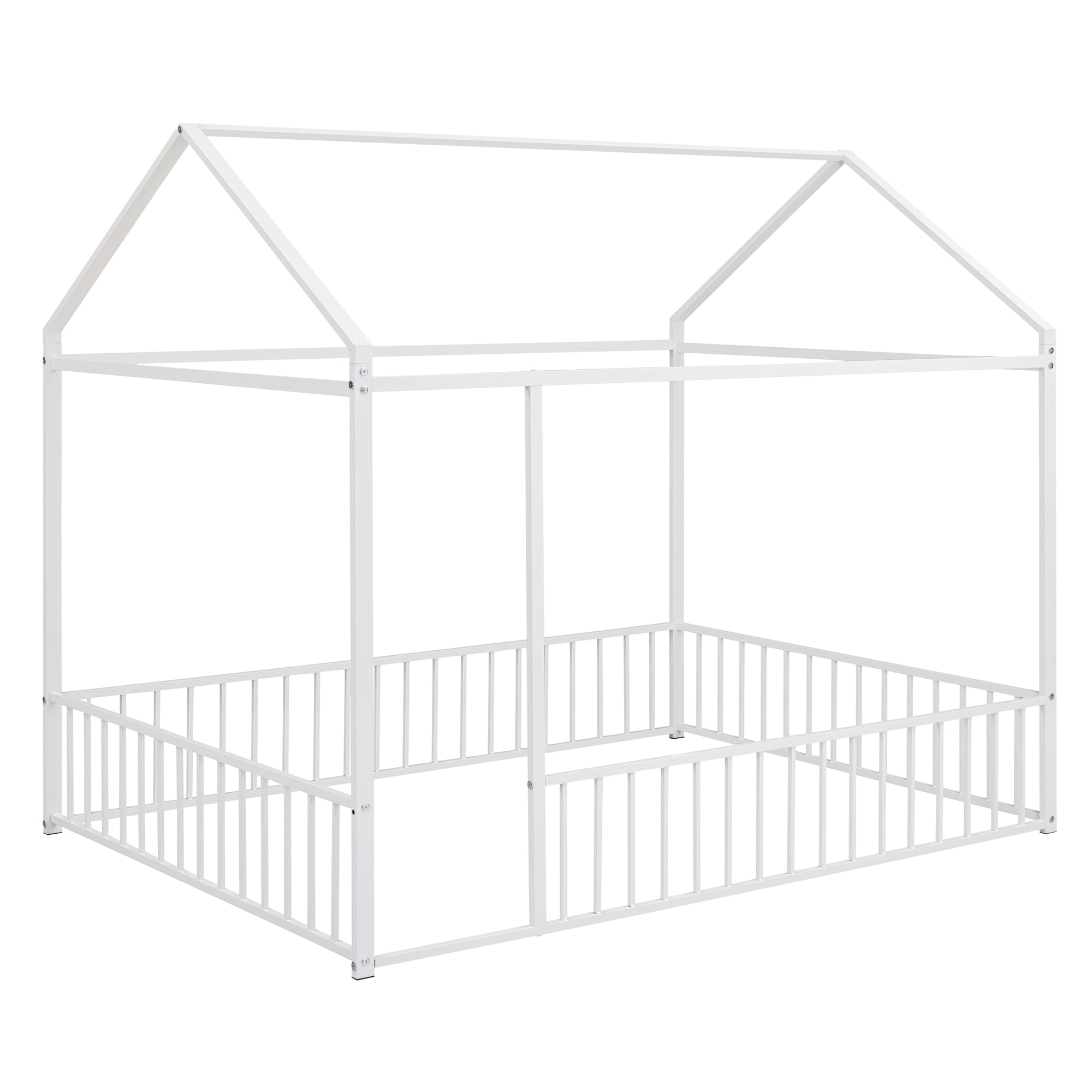 Full Size Montessori Floor Bed, Metal House Bed Frame for Kids, Kids Floor Beds with Fence Guardrails, Playhouse Bed for Kids Boys Girls