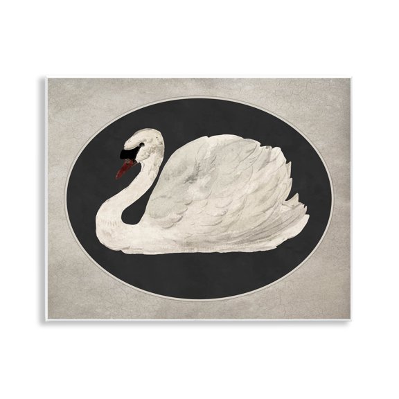 Stupell Industries Vintage Swan in Rounded Oval Animals Painting Unframed Art Print Wall Art, 14 x 11