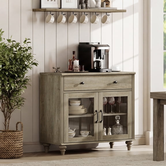 34" Wash Gray Glass Door Buffet Cabinet with Drawer, Farmhouse Sideboard with Storage