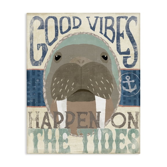 Stupell Industries Cottage Good Vibes Happen On Tides Nautical Phrase Walrus Canvas Art, 16 x 20, by Veronique Charron
