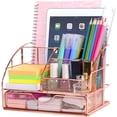 thumbnail image 1 of Organizador de escritorio para niños, organizador de mesa con bandejas para bolígrafos/porta bolígrafos y cuencos para utensilios con cajón hechos de malla metálica en oro rosa, 1 of 6