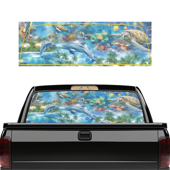FUIALDOLG Ocean Marine Life Perforated Vinyl Rear Window Decal, 66.9 x 22.4 Inch Waterproof See-Through Sticker for Trucks, Pickup Cars and SUVs