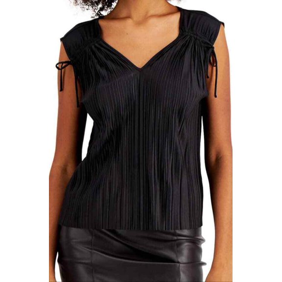 Alfani Women's Pleated Ruched Tie Sleeve Blouse Top V Neck Black Size PS