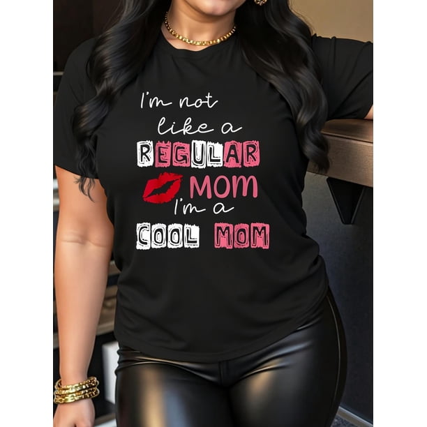 Women'S Casual Crew Neck T-Shirt with Red Lips Letter Print, Fashionable Short Sleeve Top for Mother'S Day, Polyester Knit Fabric, Medium Stretch, 180g/m² - Spring/Summer/Fall