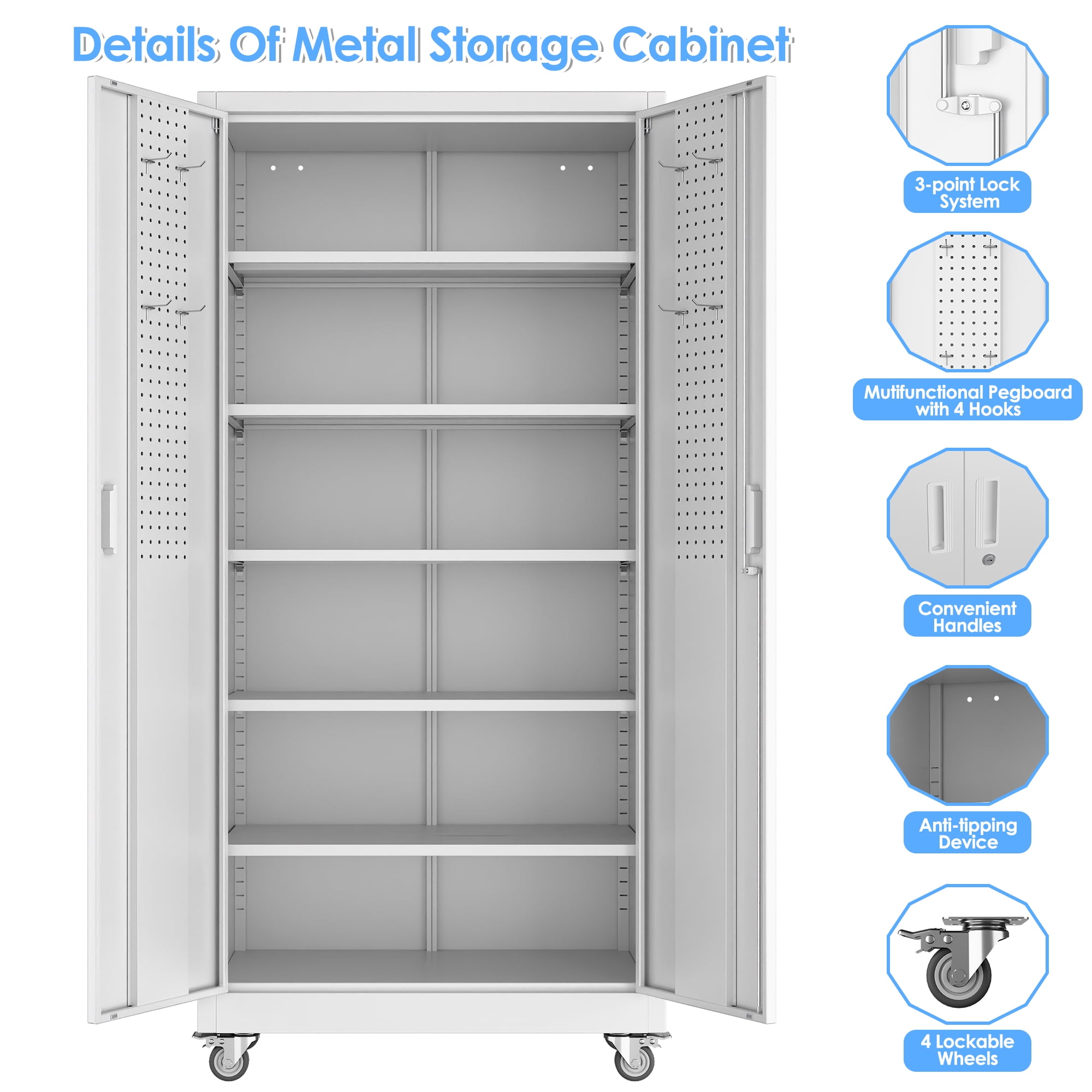 HUAXRON Metal Storage Garage Cabinet with Wheels, Office Cabinet with Storage Shelves and Double Doors, for Garage and Utility Room, Home Office, Assemble Required , White