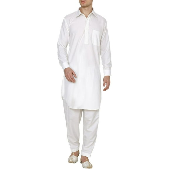 Royal Mens White Neck Thread Embroidered Classic Collar Polycotton Pathani Kurta and Salwar