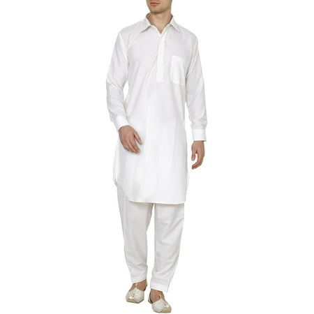 

Royal Mens White Neck Thread Embroidered Classic Collar Polycotton Pathani Kurta and Salwar