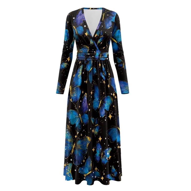 Fkelyi Starry Blue Butterfly Print Fall Maxi Dress for Women Long Sleeve A-Line Flowy Dresses with Side Pockets V Neck Casual Dress for Spring Winter, Fkelyi Starry Blue Butterfly Print Fall Maxi Dress for Women Long Sleeve A-Line Flowy Dresses with Side Pockets V Neck Casual Dress for Spring Winter,