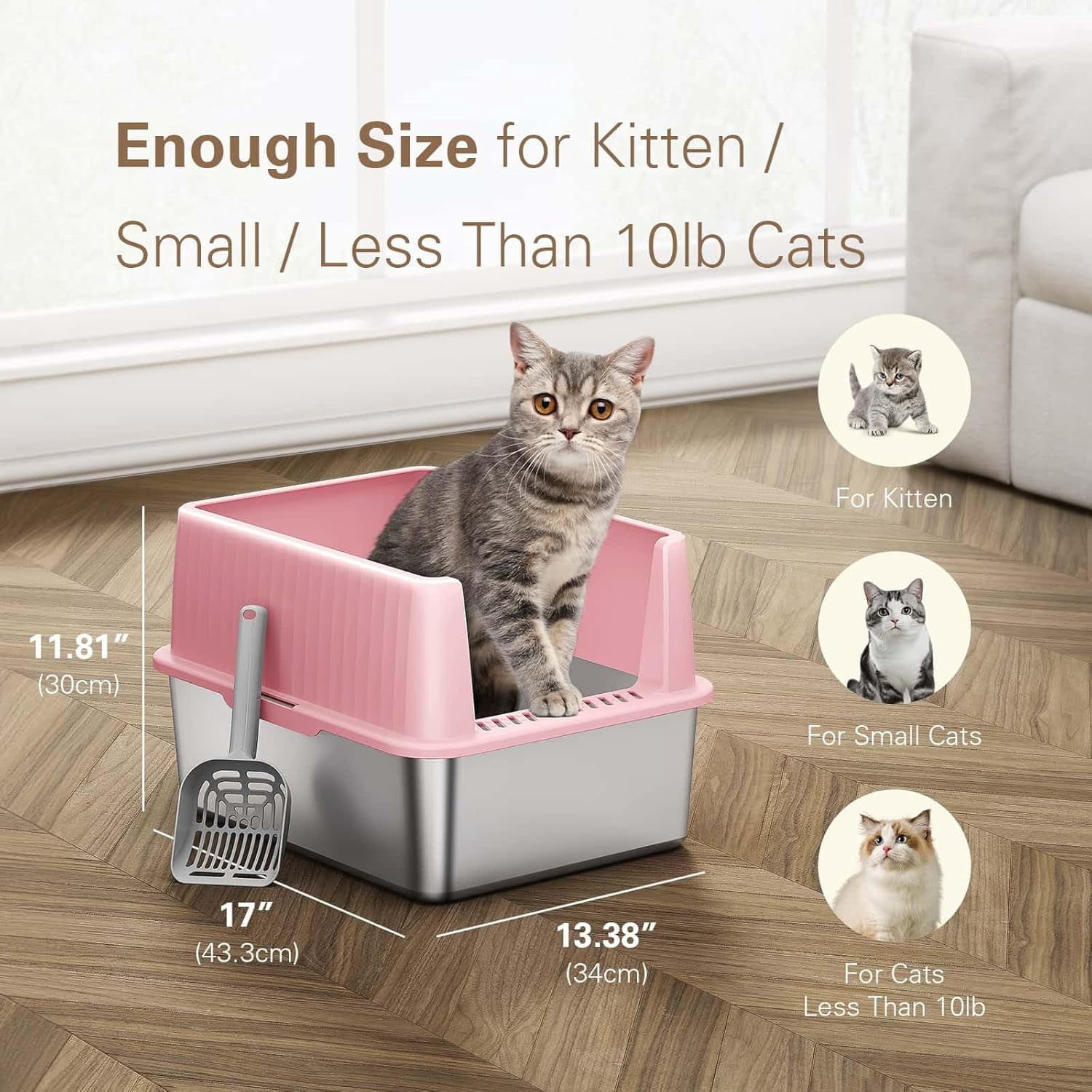 Stainless Steel Litter Box, Small Cat Litter Box with Lid, 17" L x 13.3" W x 11.8" H, Metal Litter Box for Kitty Cats with High Sided Enclosure, Non-Sticky, Easy Cleaning, Anti-Leakage