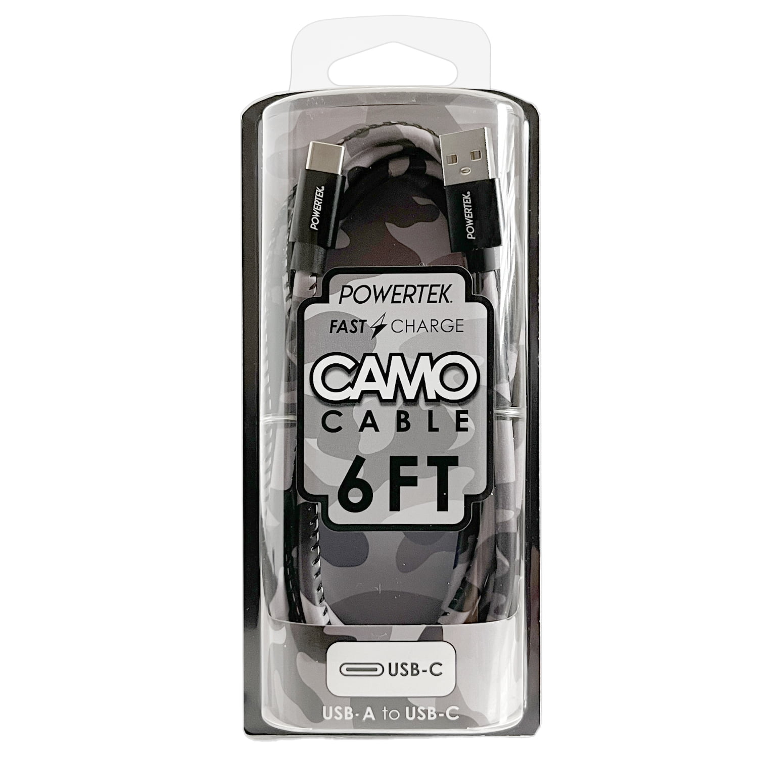 Liquipel Powertek Pastel Camo 6' USB-A to USB-C Cable, Black