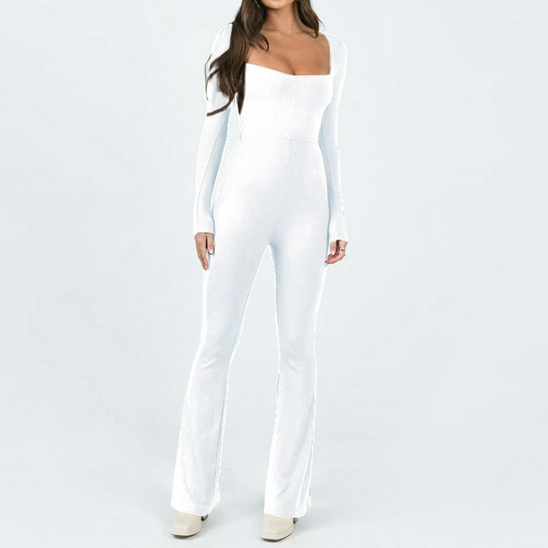YYDGH Women Jumpsuit Square Neck Long Sleeve Ribbed Shapewear