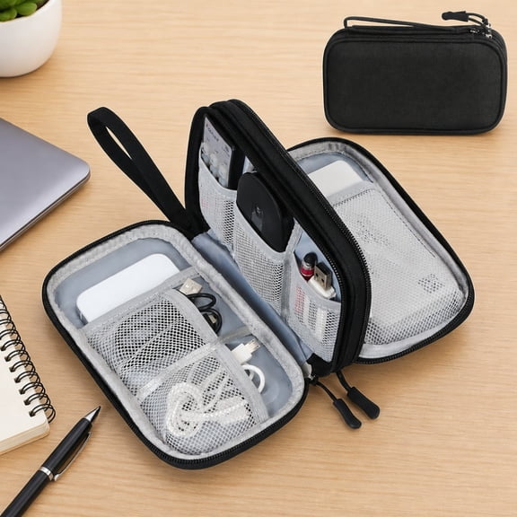 1 PCS Travel Essentials๏ผCable Organizer Black | Wrist Strap, Waterproof, Double Layers Portable Electronics Travel Carrying Case for Cord, Charger, Daily Business Trips Use