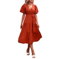 thumbnail image 1 of VISgogo Vestido Midi Elegante de Verano para Mujer, Vestido de Manga Corta con Cuello en V de Color Sólido con Cinturón para Fiesta en la Playa VISgogo  moda, 1 of 4