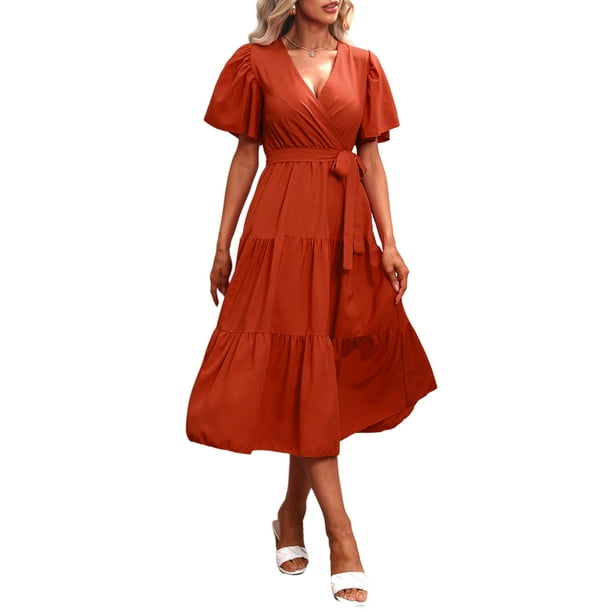 VISgogo Vestido Midi Elegante de Verano para Mujer, Vestido de Manga Corta con Cuello en V de Color Sólido con Cinturón para Fiesta en la Playa VISgogo moda