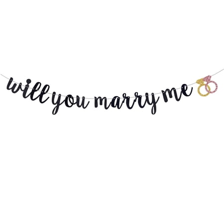 Will You Marry Me Glitter Banner, Black Script with Gold and Pink Ring Decoration, Proposal Party Sign