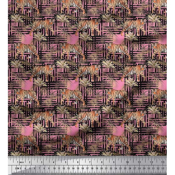 Soimoi Cotton Cambric Fabric Texture,Leaves & Tiger Animal Fabric Prints by Yard 42 Inch Wide