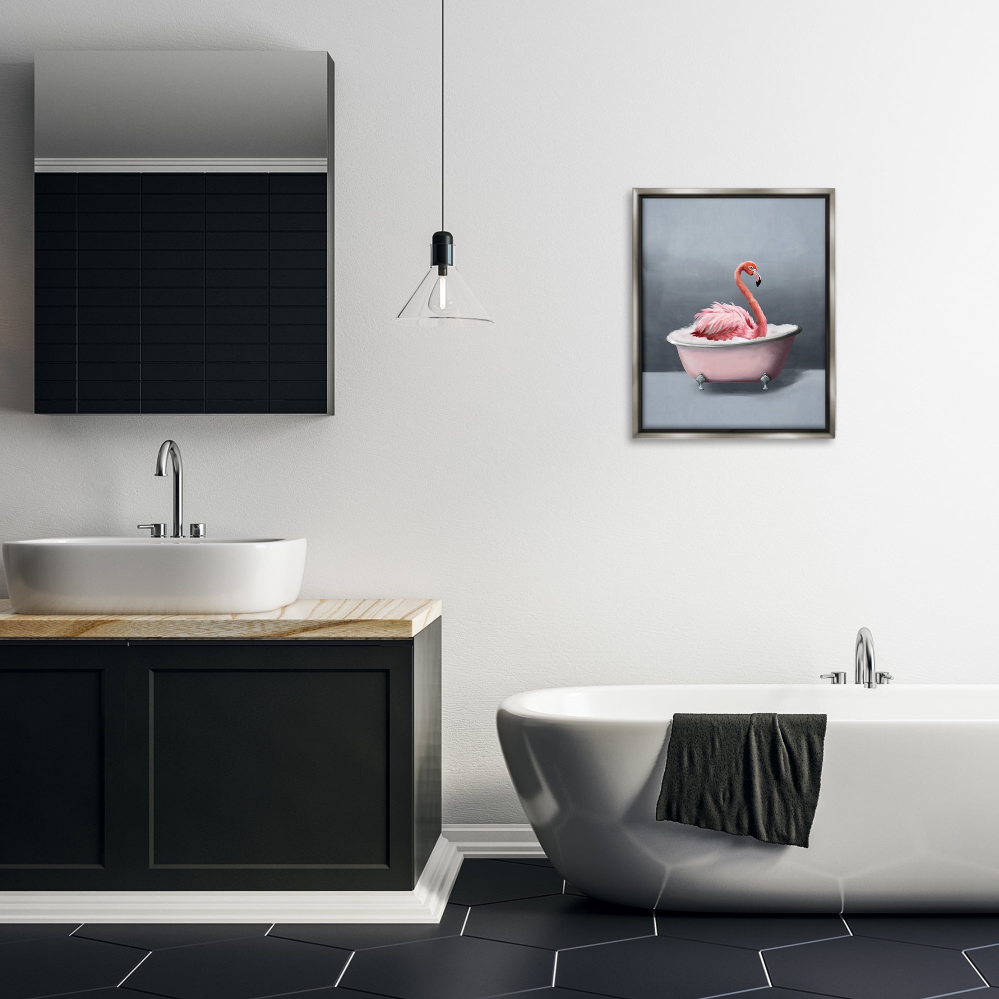 Stupell Industries Flamingo in Bathtub Bath & Laundry Painting Gray Floater Framed Canvas Art Print Wall Art, 17 x 21