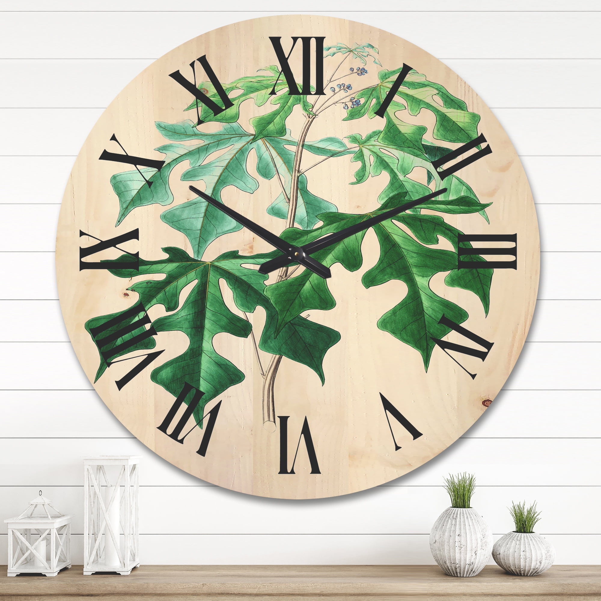 Designart 'Ancient Green Leaves Plants II' Traditional Wood Wall Clock