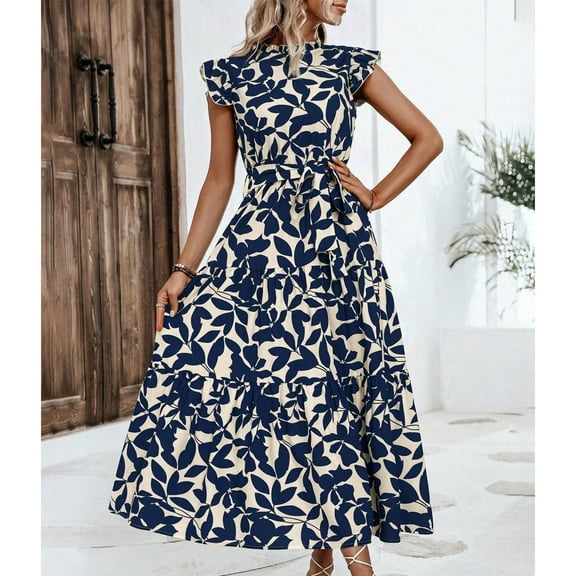 Sakmal Sundresses for Women Tea Party Empire Waist Long Blue Dress Floral Puff SLeeve A Line Dresses with Pockets