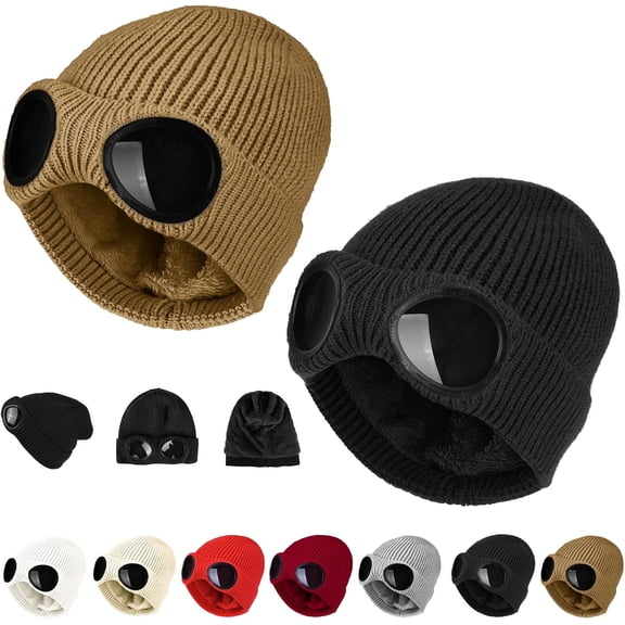 2PCS Goggle Knit Beanie with Goggles Unisex Goggle Knitted Beanie Hat Windproof Warm Winter Skull Cap(2pcs B)