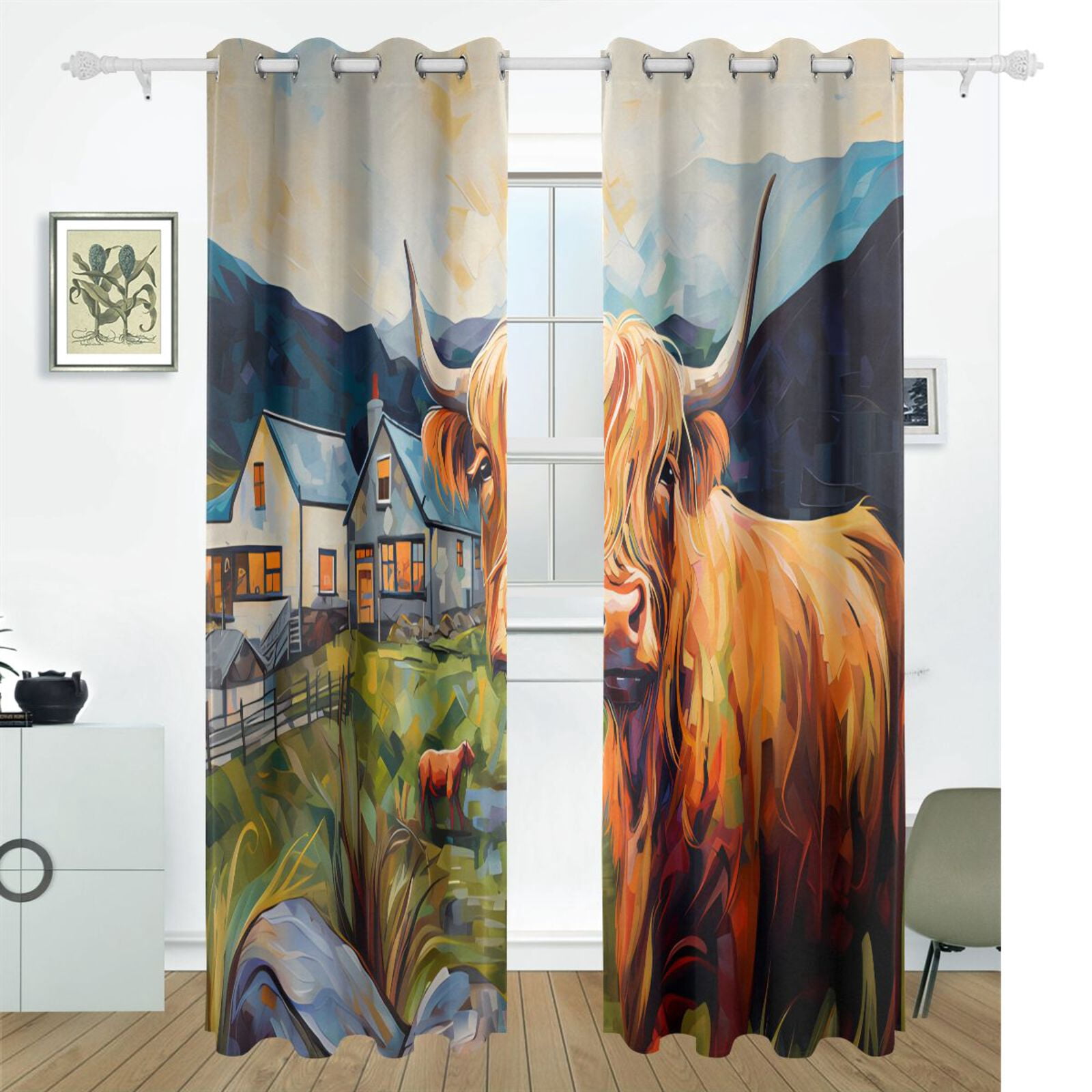 Cow Stone Grass Houses Black Out Curtains 72 Inch Length Curtains for Sliding Glass Doors Bedroom Living Room 2 Pack
