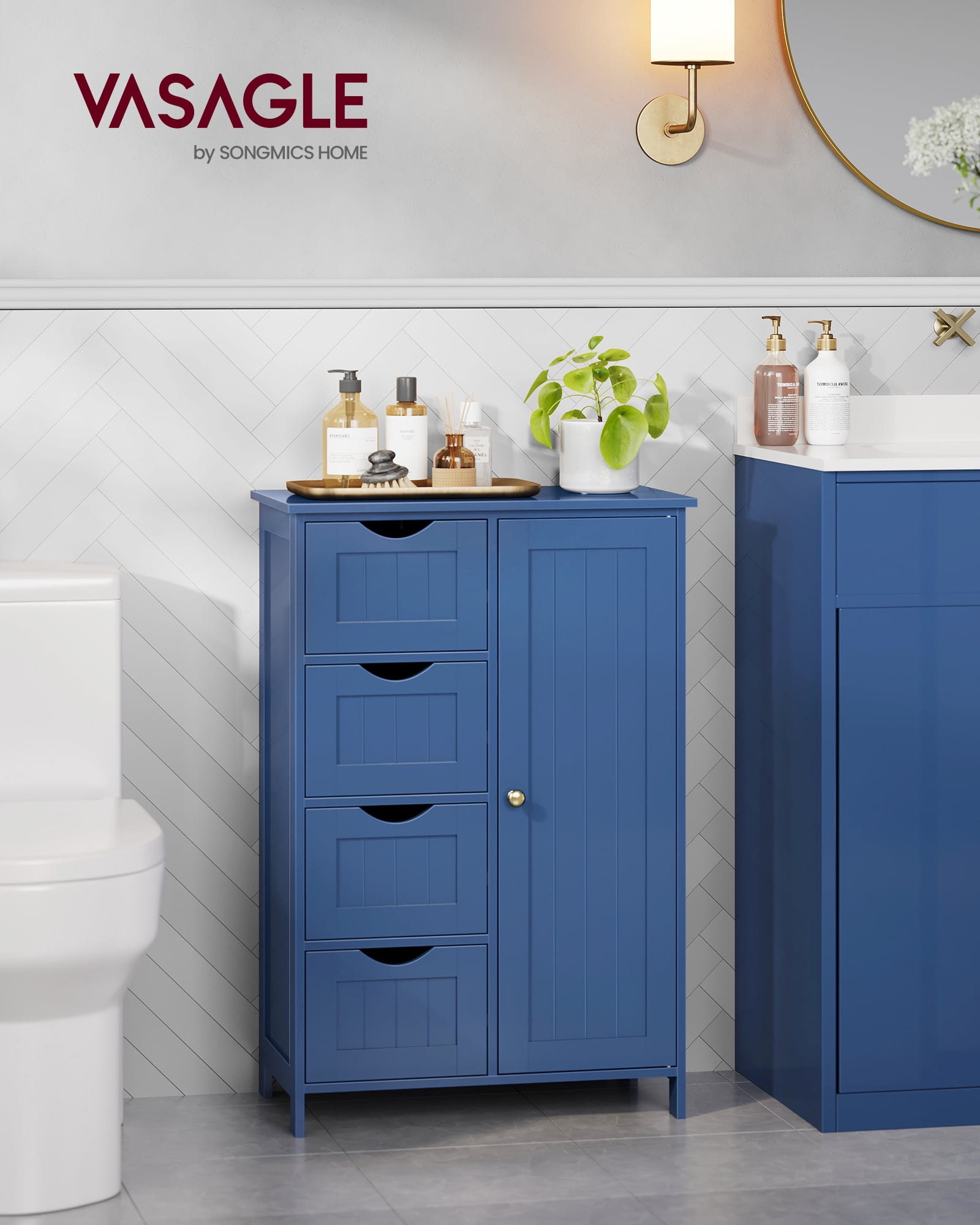 VASAGLE Storage Cabinet with Drawers, Freestanding Floor Cabinet with Door, 11.8 x 21.7 x 32.3 Inches, Adjustable Shelf, Bihou Blue