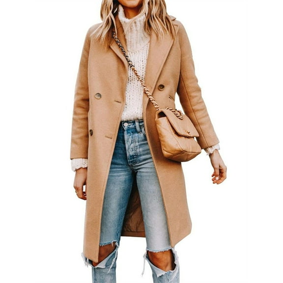 Langwyqu Fall Winter Women Lapel Collar Double Breasted Wool Blend Trenchcoat Long Jacket Coat