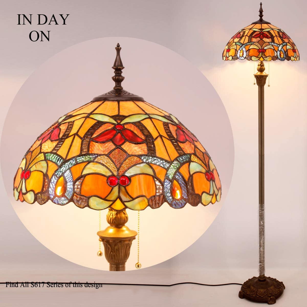 Tiffany Style Floor Standing Lamp W16H64 Inch(2LED Bulb Included) Stained Glass Crystal Bead Flower Shade 2E26 Antique Reading Lighting Resin Base S617 WERFACTORY LAMPS Bedroom Living Room