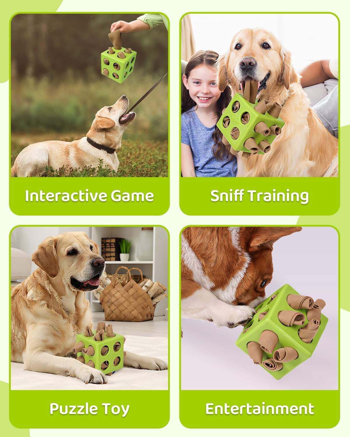 Interactive Dog Puzzle Toy for Natural Foraging Skills, Durable Snuffle Cube with Cloth Strips for Hide & Seek Treats, Slow Feeder for Mental Stimulation and Stress Relief in Green