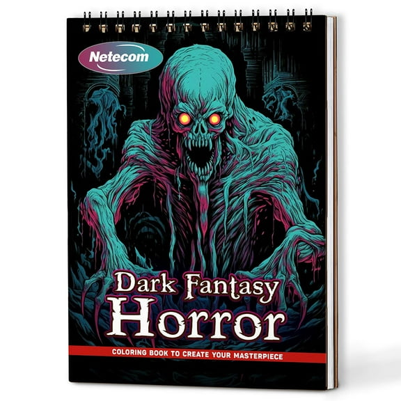 Netecom Dark Fantasy Horror Coloring Book Spiral Bound For Adults, A5 Wooden Cover, 30 Mystical Coloring Pages of Dark Creatures and Enchanted Land for Stress Relief and Relaxation