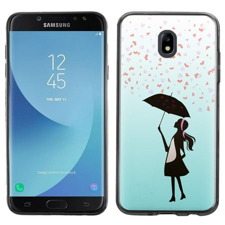 Aura Heart - Slim-Fit Case for Samsung Galaxy J7 Crown / J7 Aura / J7 Star / J7 Refine, OneToughShield ® Scratch-Resistant TPU (Black Bezel) Protective Phone Case - Rain/Hearts