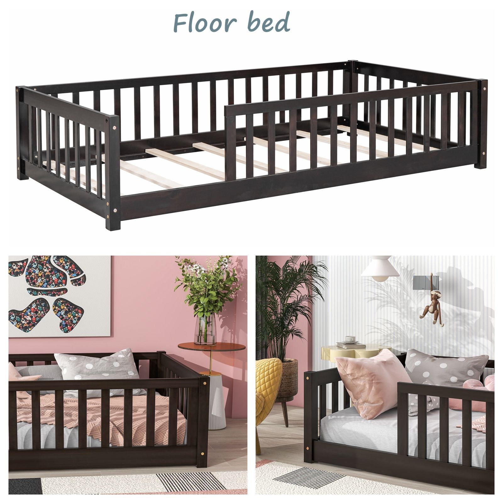 Twin Floor Bed with Fence for Kids, Solid Pine Wood Montessori Bed Frame with Guardrails and Slats System, Playhouse Design Platform Bed for Children Bedroom, Without Door, Espresso
