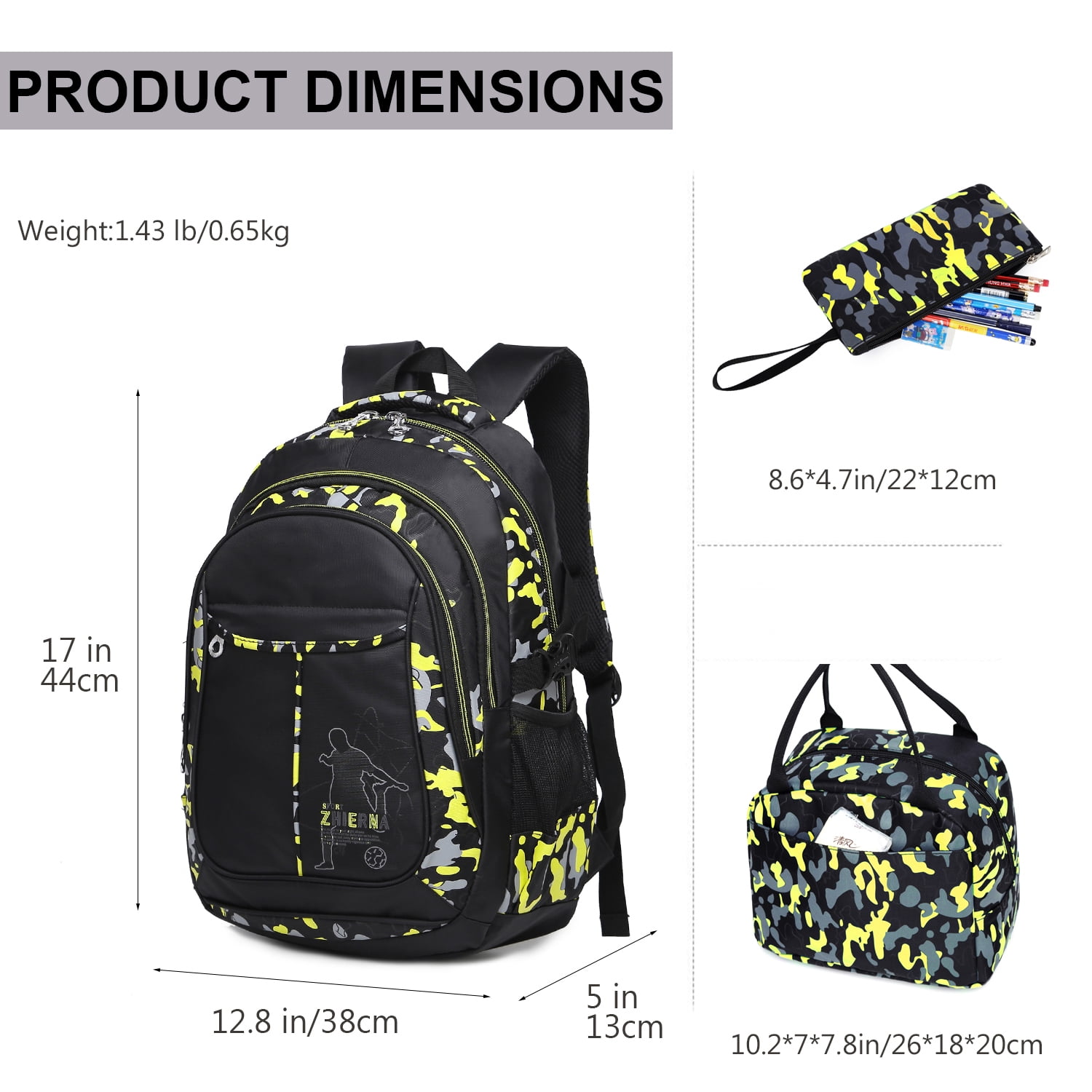 Forestfish Camo School Backpacks Set for Teen with Lunch Bag Water Resistant Lightweight Large Books Bag Yellow