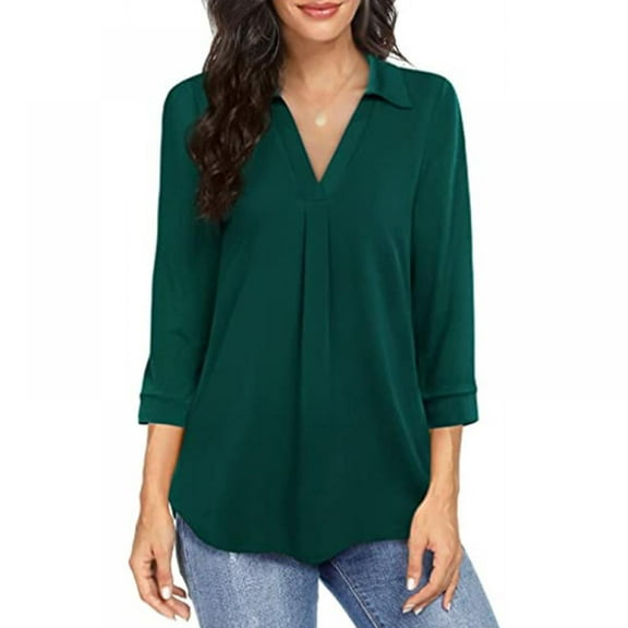 Women's V Neck Blouse 3/4 Sleeve Casual Workwear Loose Shirts Tops