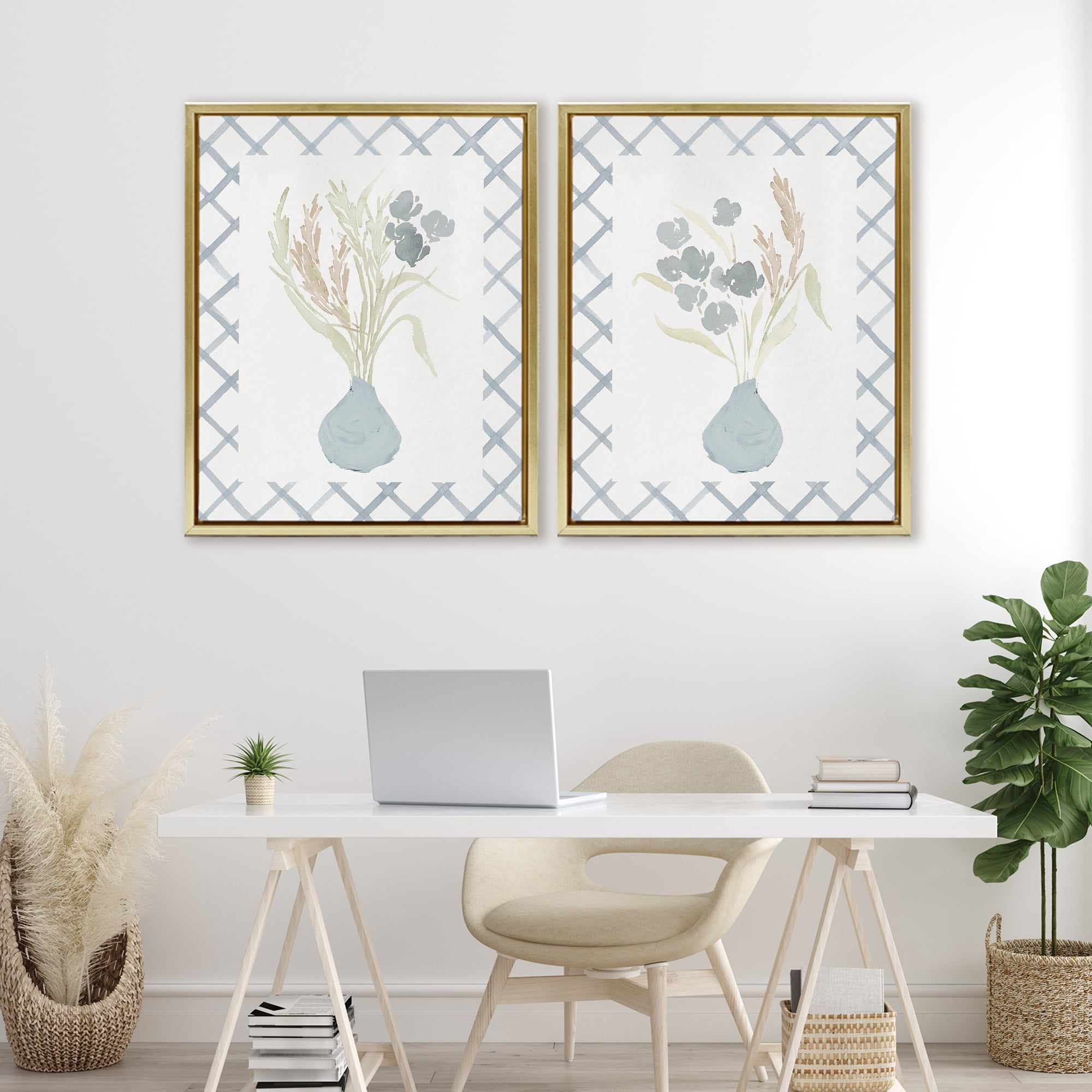 Stupell Industries Subtle Blue Anna Bouquets 2 Piece Gold Framed Floater Canvas Set, design by Lucille Price