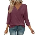thumbnail image 2 of PiGOGI Large Shirts for Women Women's Fashion Solid Color T-shirt 3/4 Sleeves Blouse Round Neck Casual Tops Wine, 2 of 5