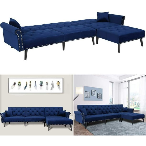 Navy Blue Sectional Sofa Sleeper Bed 900 Lb Heavy Duty 115 Inch Velvet Futon W Chaise Recliner Back Modern Day Nail Head Trim For Living Room Small Spaces Office Com Navy Blue Sectional Sofa Sleeper Bed, Blue Sectional Sofa With Recliners