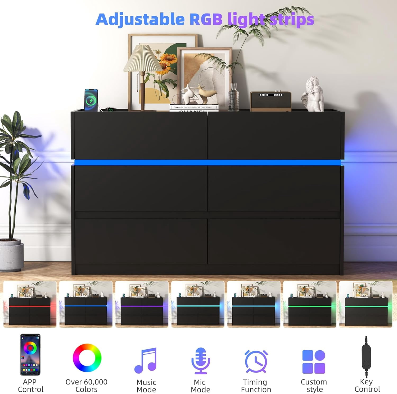 HAUXITIO 6 Drawer Dresser Chest with Charging Station and LED Lights for Bedroom, Modern TV Stand Cabinet, Black