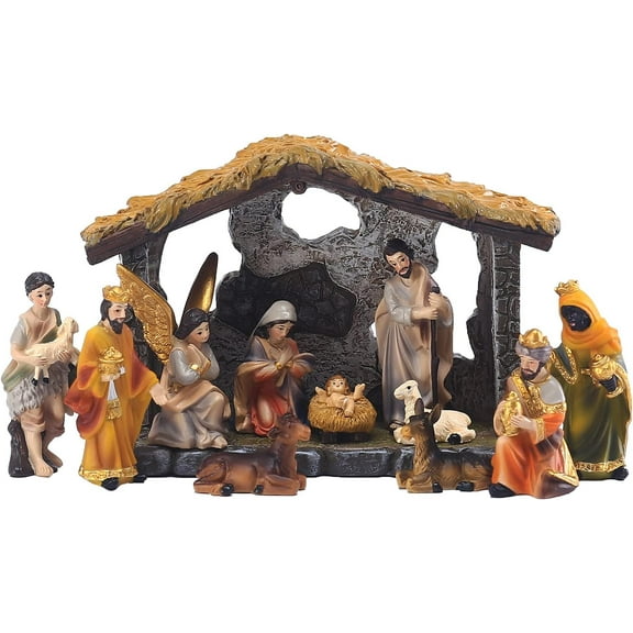 Anmrize Nativity Set 12-Pcs Christmas Nativity Scene Figurine with Stable Indoor Tabletop Home Decor Jesus Birth Scene Hand-Painted Collectible Easter  Decorations Christmas Gift
