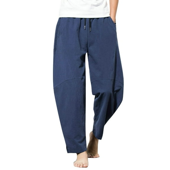 Men's Casual Pants Men's Drawstring Solid Mid Waist Loose Fit Casual Trousers Elastic Waist Pants Navy M