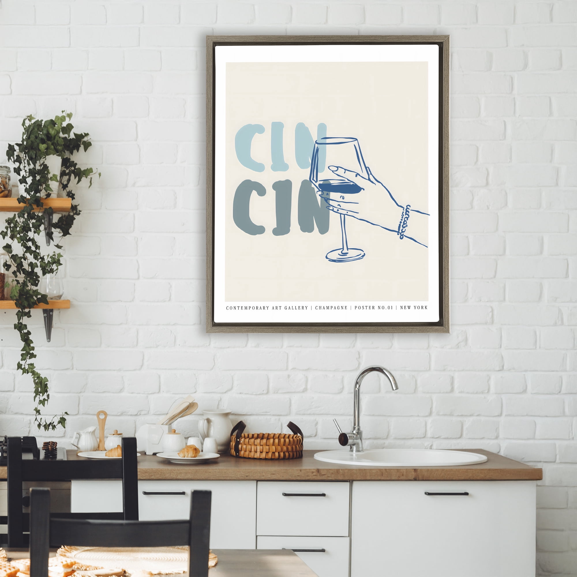 Stupell Industries Cin Cin Blue Champagne Toast Brown Framed Floater Canvas Wall Art, design by The Prints Vibe