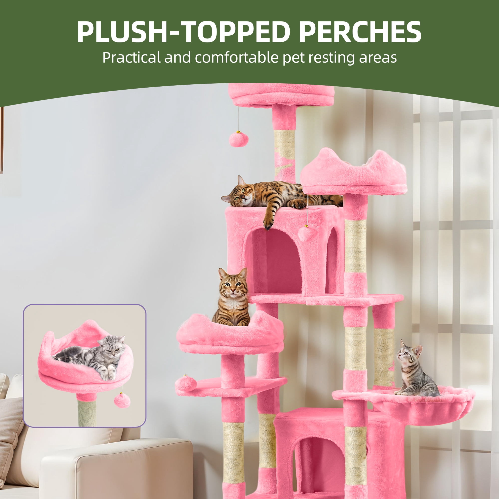 Uforic 75" Tall Cat Tree, Multi-Level Cat Tower with Condos, Hammocks, Scratching Posts, Pink