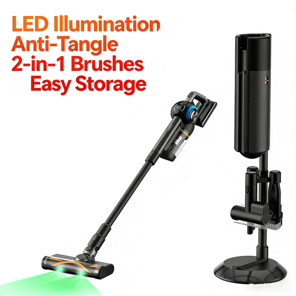 JIGOO V700 Station Cordless Stick Vacuum Cleaner with HEPA Auto-Empty System, 33KPa/55M, Bagless, LED Illumination, Anti-Tangle, Lightweight Upright Vacuum for Home Hard Floor, Carpet & Pet Hair